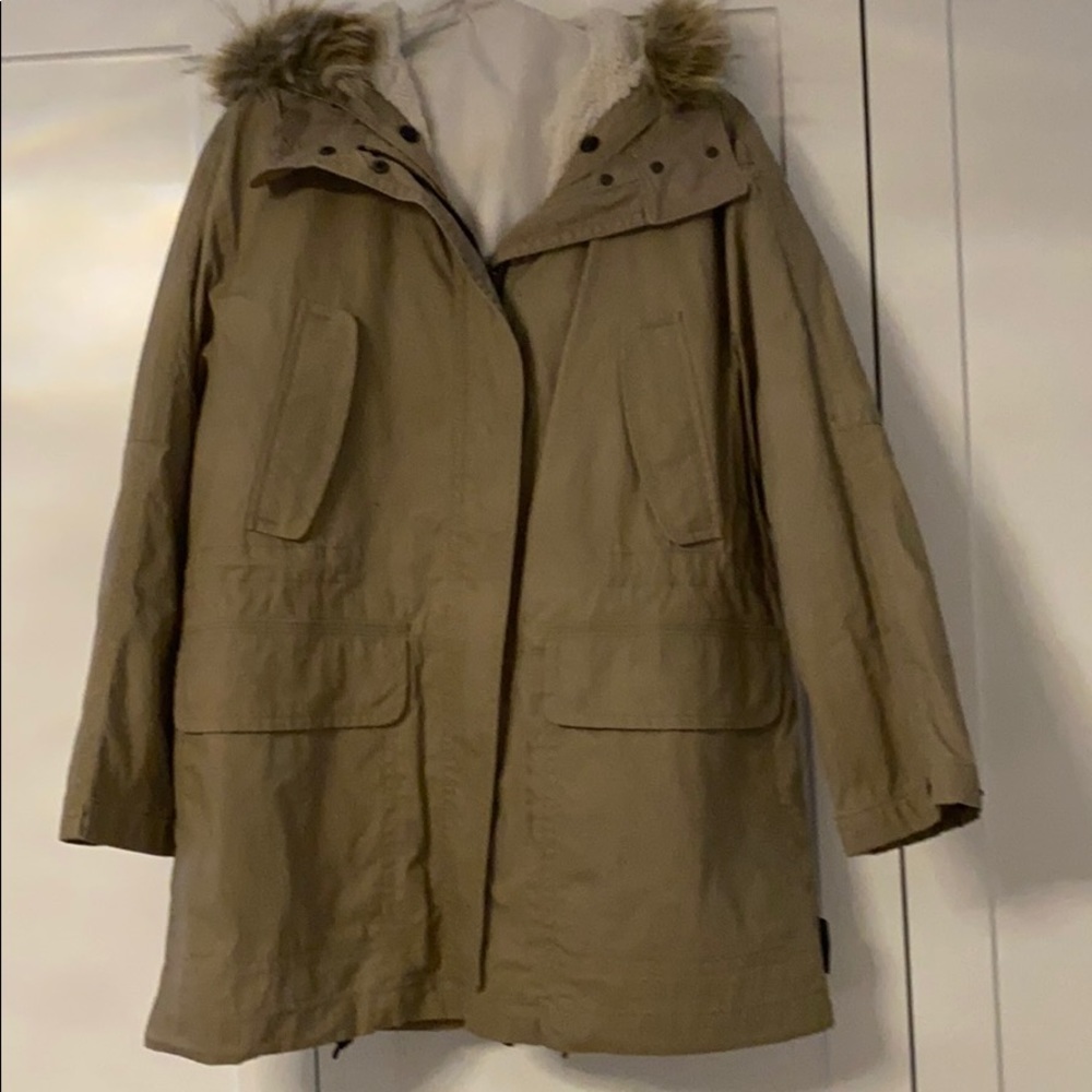 COACH Women's Khaki Faux Fur Hood Sherpa Lined Winter Jacket Size M